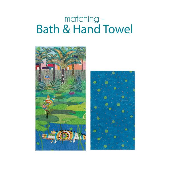 crocodile bath and hand towel set for kids bathroom - blue and green