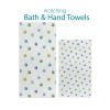White cotton polyester velour towel set with blue and green watercolor polka dots, ideal for kids' beach or bathroom use.