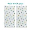 White cotton polyester velour towel set with blue and green watercolor polka dots, ideal for kids' beach or bathroom use.