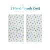 White cotton polyester velour towel set with blue and green watercolor polka dots, ideal for kids' beach or bathroom use.