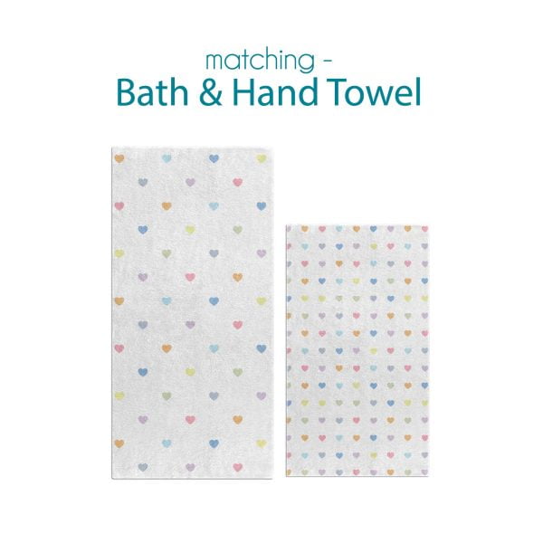 White bath and hand towel set with pastel love hearts for little girls bathroom