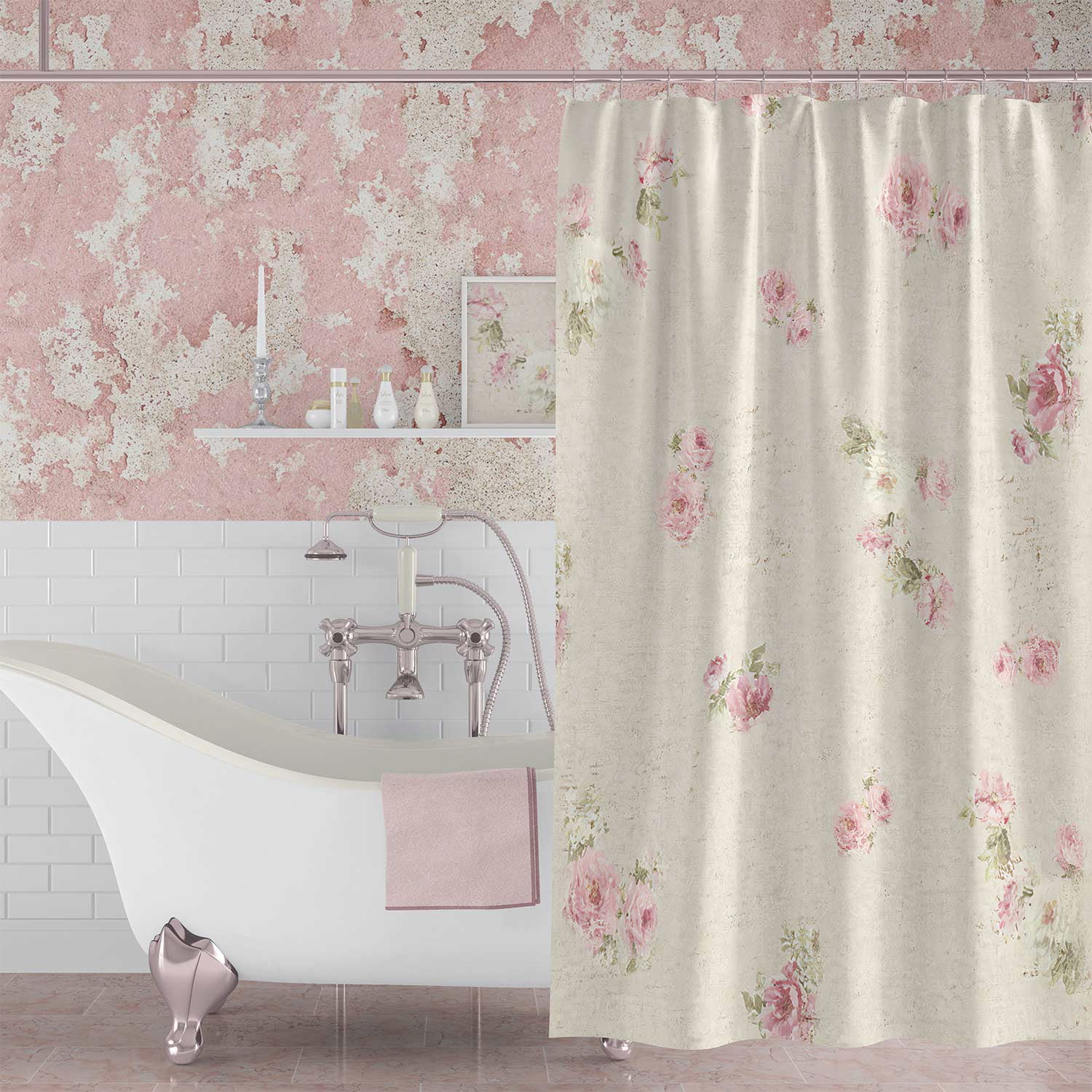 Front view of shabby chic floral shower curtain.