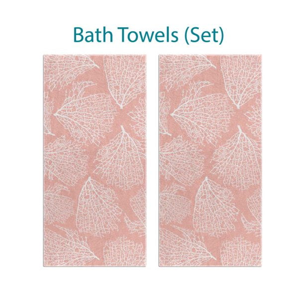 Bath towel set with elegant tropical coral pink pattern.