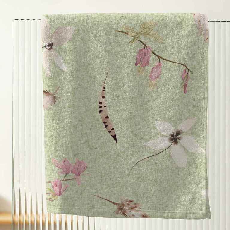 Bath towel with gorgeous sage green boho floral pressed flower pattern.