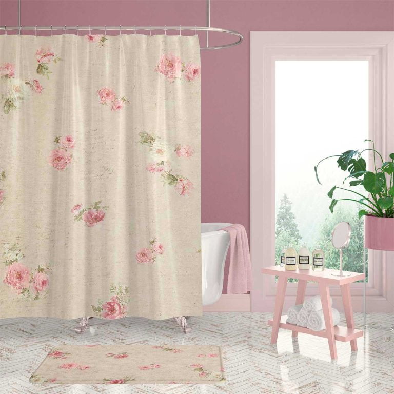 Front view of shabby chic floral shower curtain.