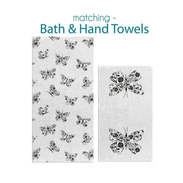 Bath and hand towel set with black and white abstract butterfly prints, perfect for a modern girls' bathroom.