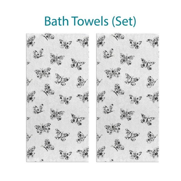 Set of 2 bath towels with black and white abstract butterfly prints, perfect for a modern girls' bathroom.