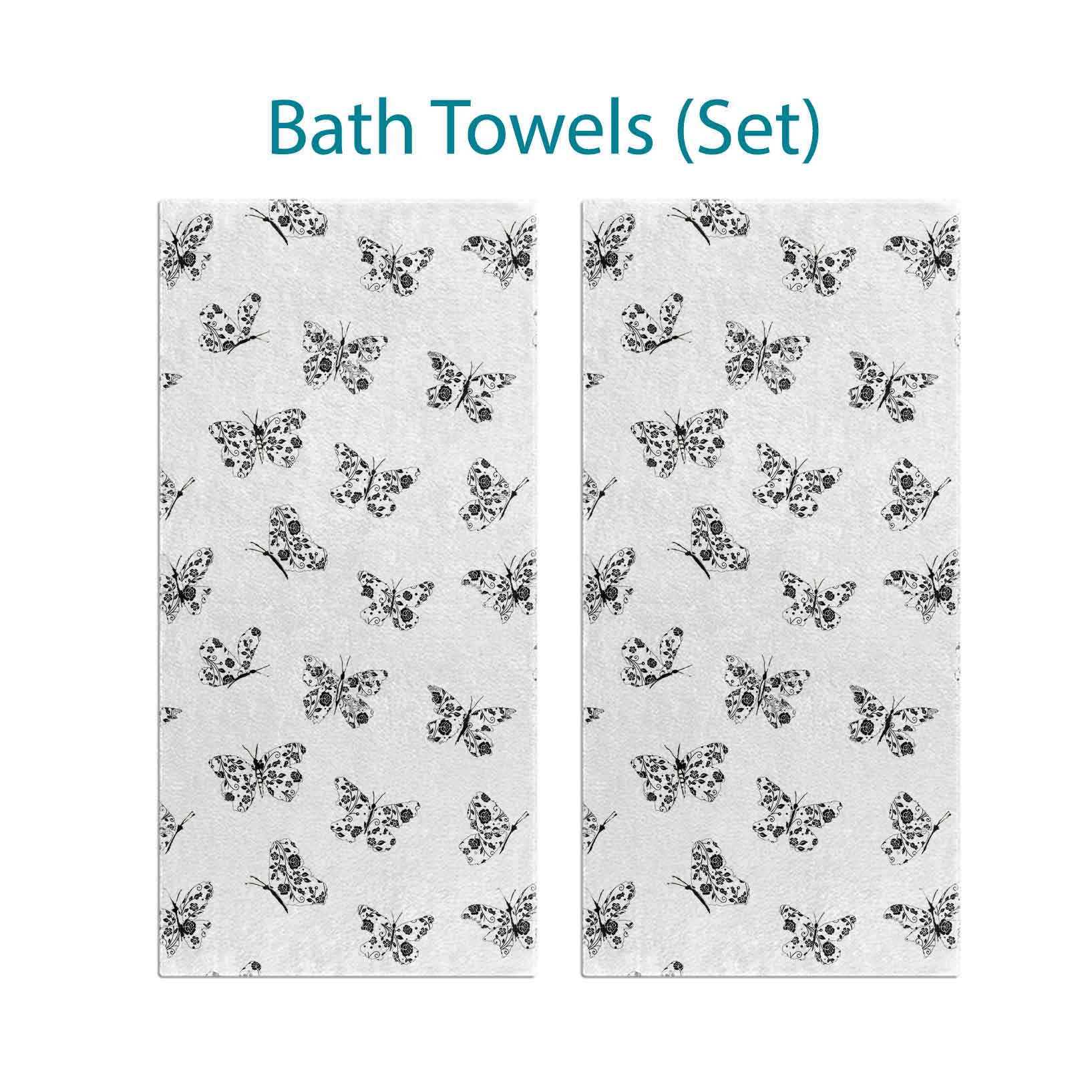 Set of 2 black white kids bath towel abstract butterfly design