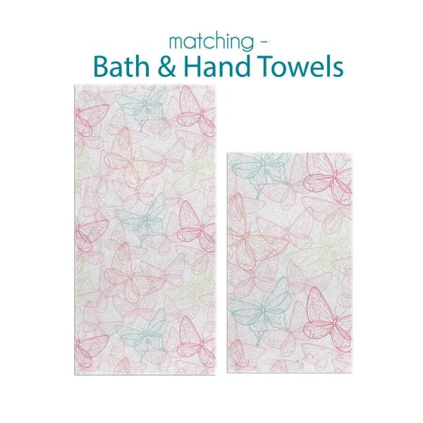 Bath and hand towel set with pink and blue butterfly prints, perfect for a girl's bathroom.