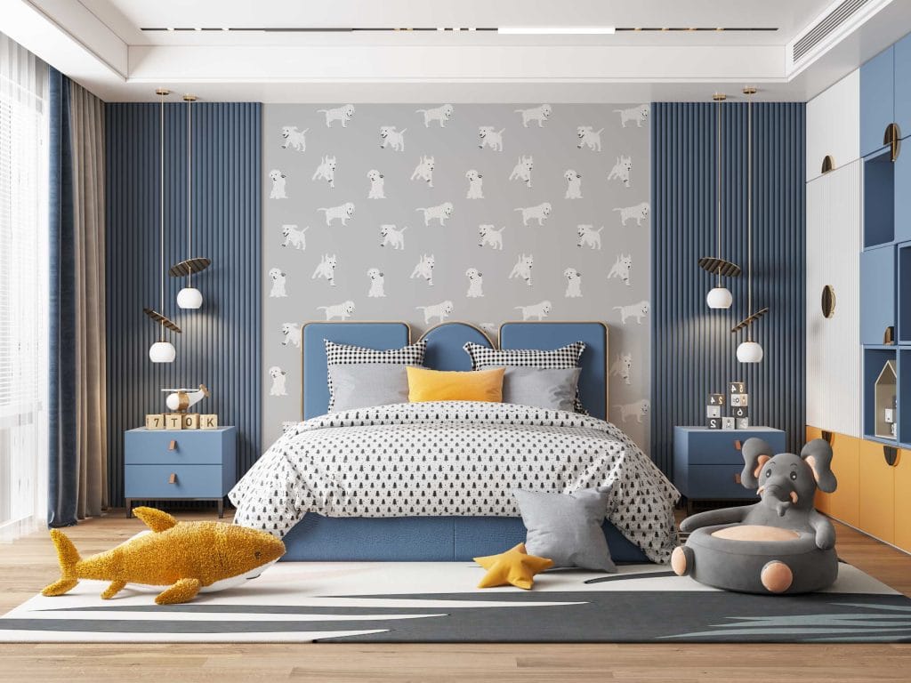 Gray dog wallpaper for boys' bedroom - playful and fun
