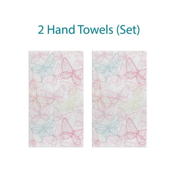 Set of 2 hand towels with pink and blue butterfly prints, perfect for a girl's bathroom.