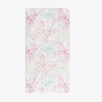 Bath towel with pink and blue butterfly print, perfect for a girl's bathroom.