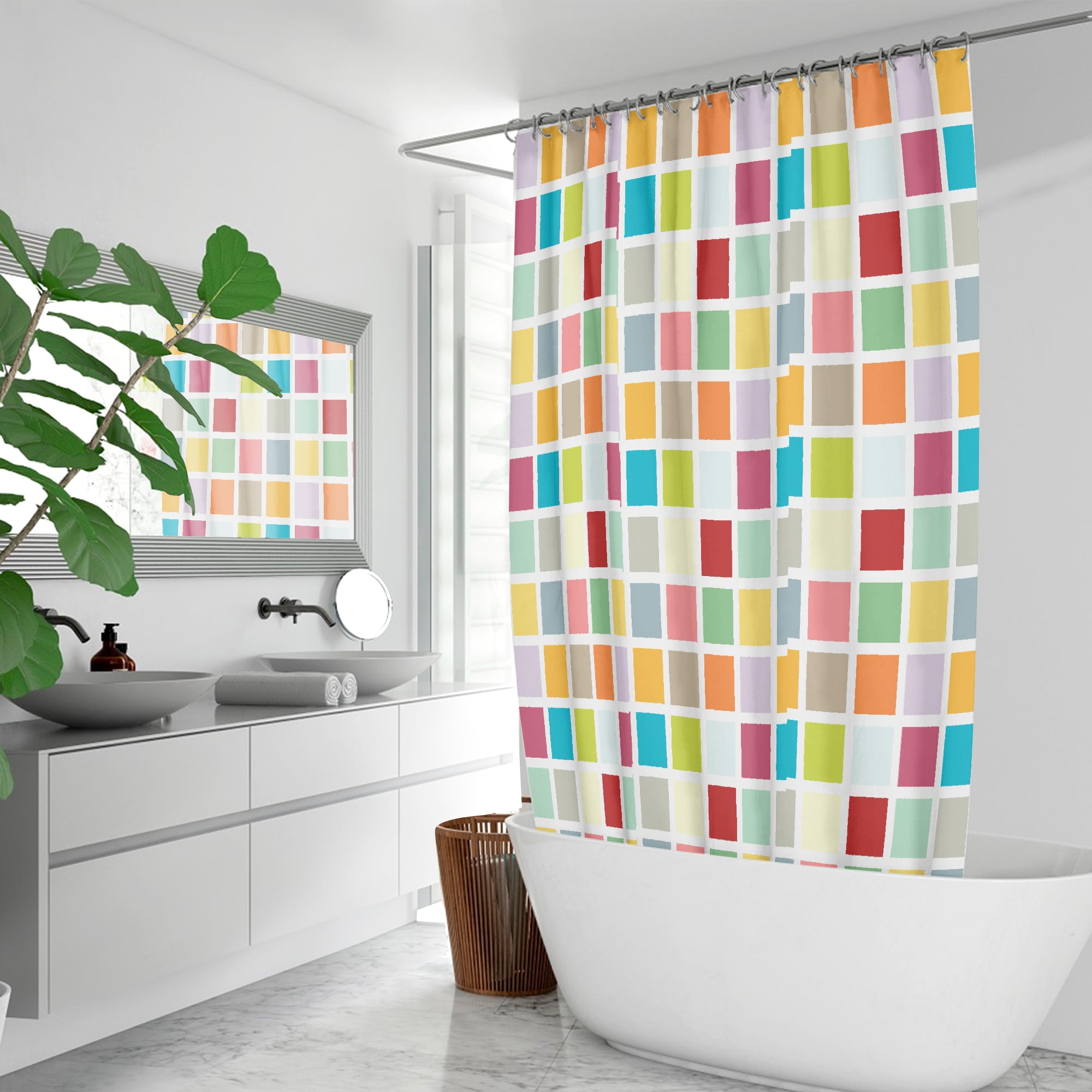 Vibrant multicolored shower curtain with a bold checkered design and sturdy metal grommets for hanging