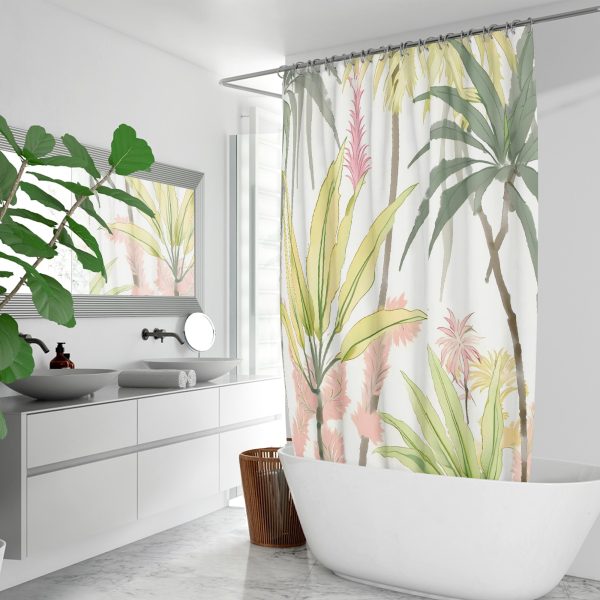 Vibrant tropical shower curtain with lush green palm leaves and delicate pink floral accents, perfect for a refreshing bathroom upgrade