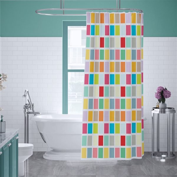 Colorful plaid shower curtain with vibrant multicolored squares and sturdy metal grommets for easy hanging