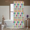 Colorful geometric shower curtain with vibrant multicolored squares and strong metal grommets for hook placement