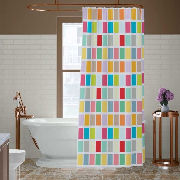Colorful geometric shower curtain with vibrant multicolored squares and strong metal grommets for hook placement