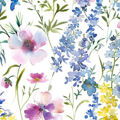 Close-up of floral artwork on shower curtain with lilac, purple, pink, and yellow flowers