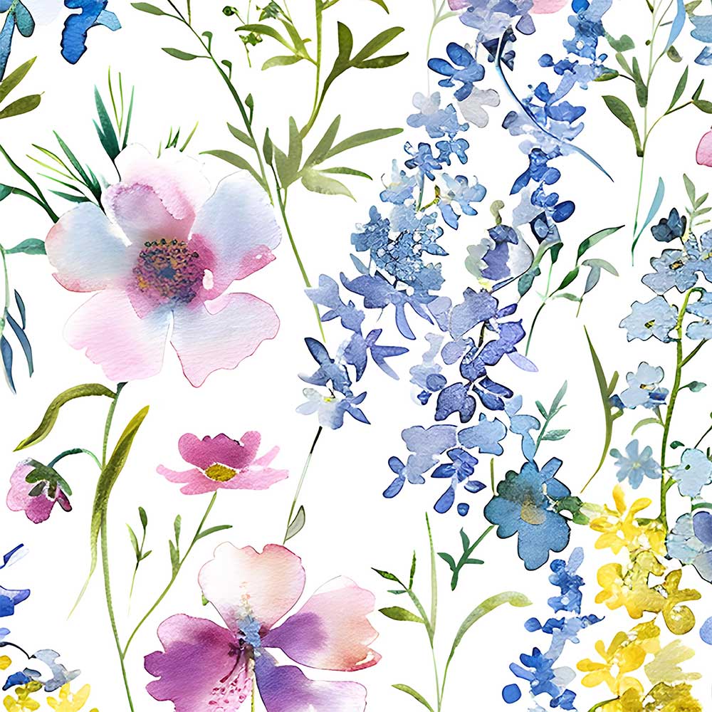 Close-up of floral artwork on shower curtain with lilac, purple, pink, and yellow flowers