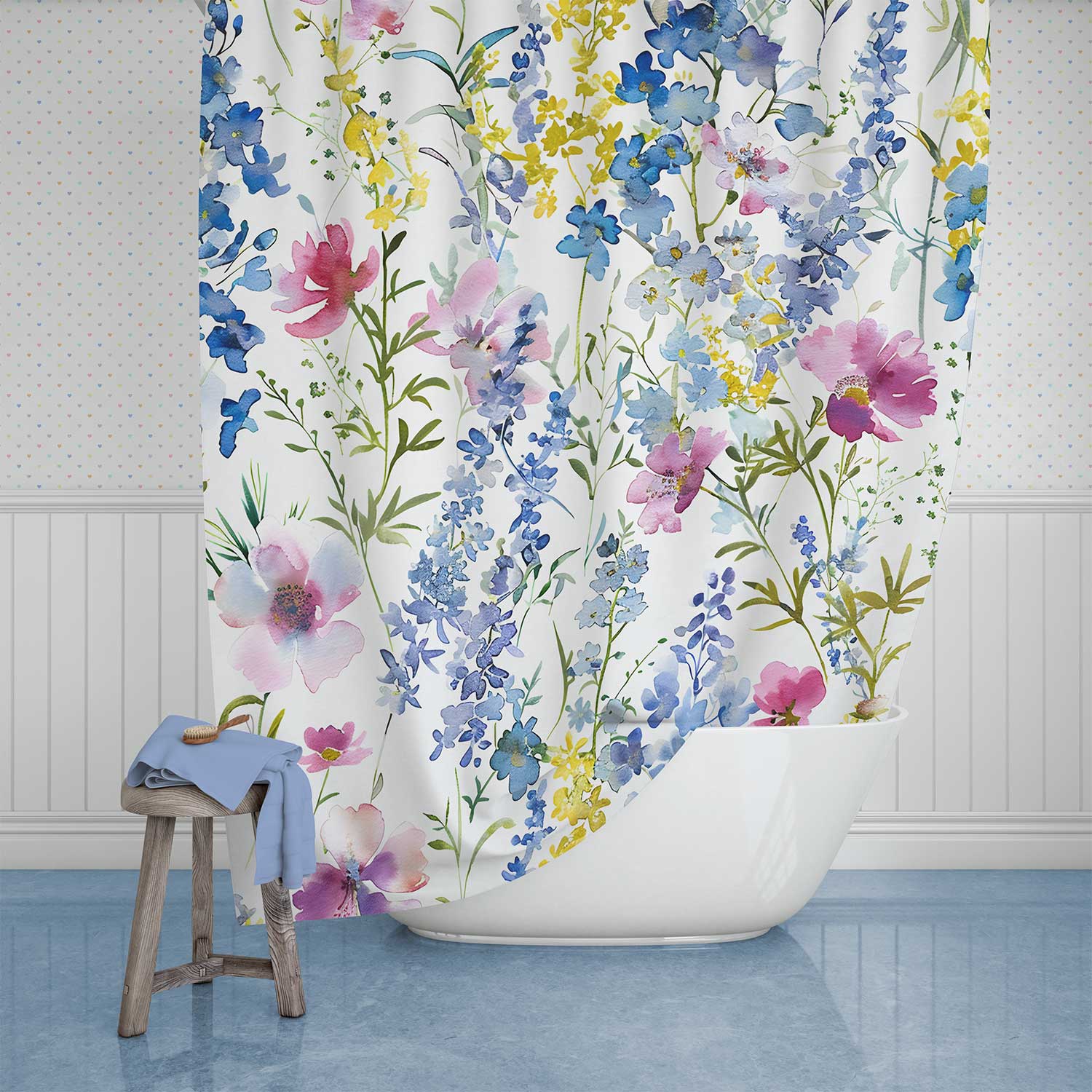 Floral shower curtain with lilac, purple, pink, and yellow flowers and sturdy metal grommets for hanging