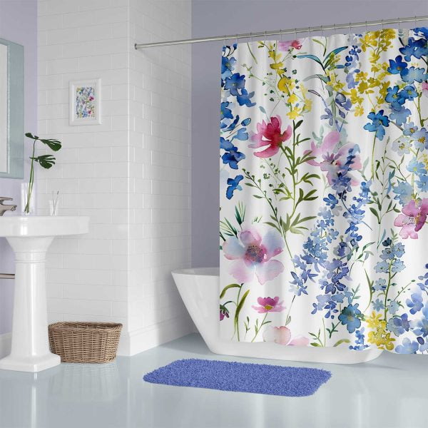 Floral fabric shower curtain with lilac, purple, pink, and yellow flower print and durable metal grommets