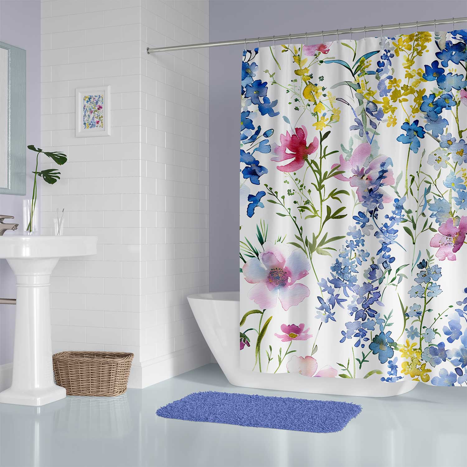Floral fabric shower curtain with lilac, purple, pink, and yellow flower print and durable metal grommets