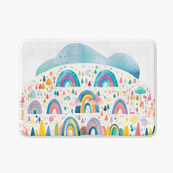 Colorful rainbow bath mat with non-slip feature for children's bathroom decor.
