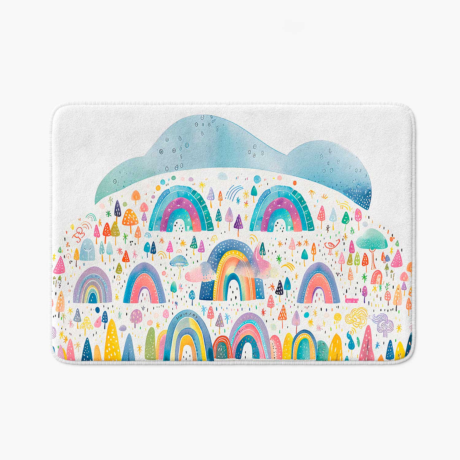 Colorful rainbow bath mat with non-slip feature for children's bathroom decor.