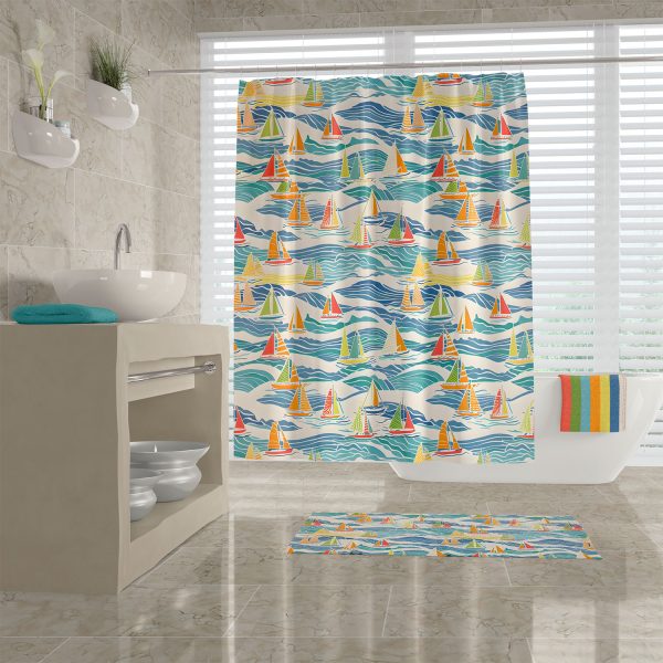 beach theme shower curtain with blue yellow green and orange sailboats by Ozscape Designs in stylish bathroom setting
