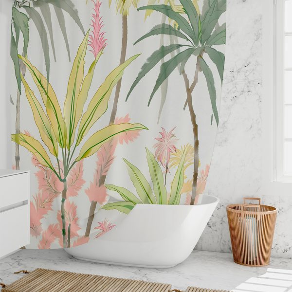 Refreshing botanical shower curtain featuring lush green palm leaves and vibrant pink flowers, a must-have for a tropical-inspired bathroom oasis