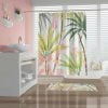 Vibrant tropical shower curtain with lush green palm leaves and delicate pink floral accents, perfect for a refreshing bathroom upgrade