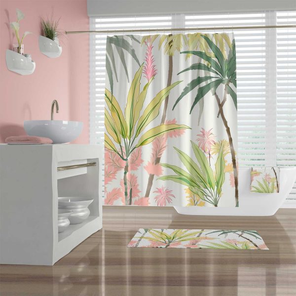 Vibrant tropical shower curtain with lush green palm leaves and delicate pink floral accents, perfect for a refreshing bathroom upgrade