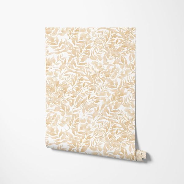 Close-up detail of neutral beige watercolor leaves wallpaper design, showcasing the intricate and delicate leaf patterns