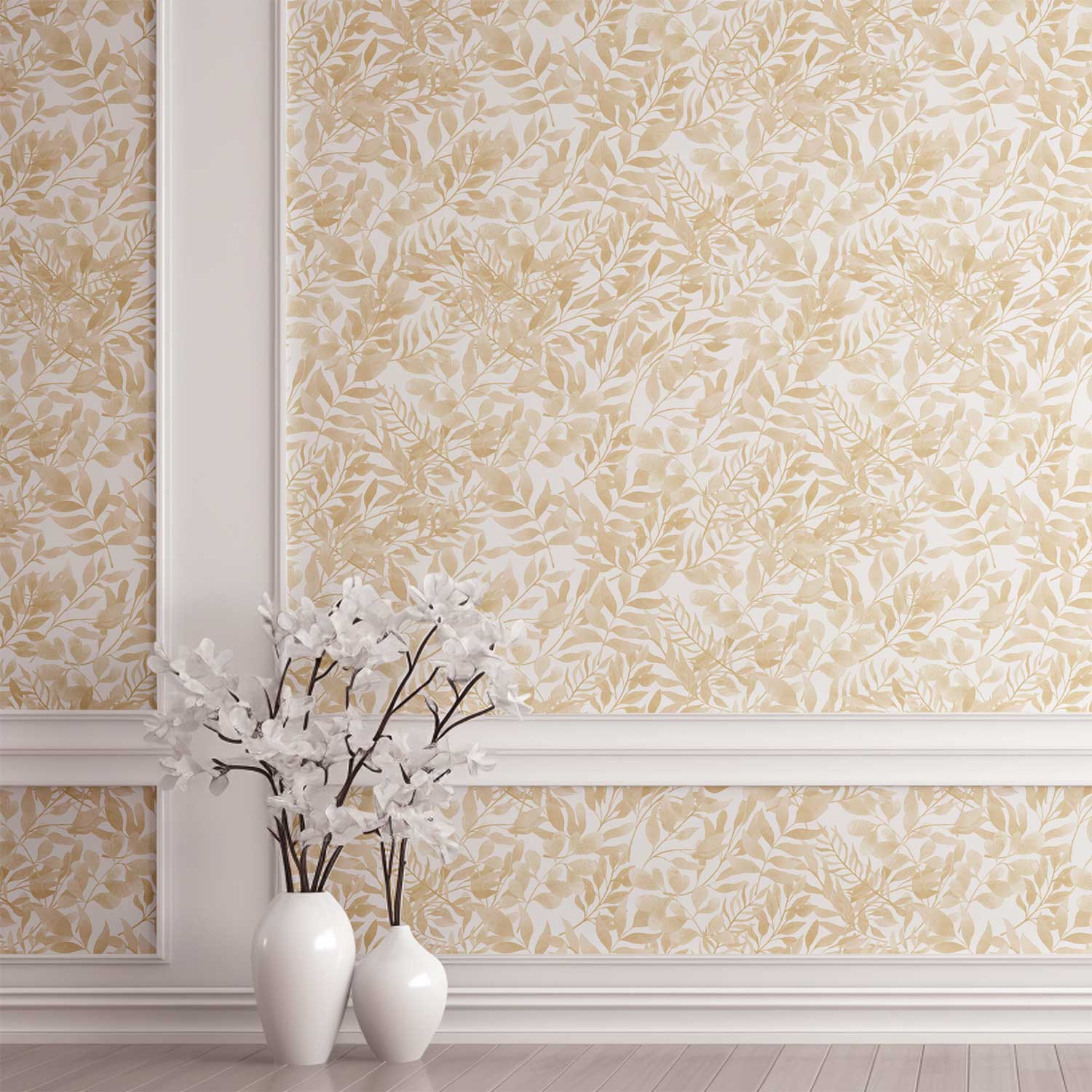 Beige Wallpaper With Watercolor Leaf Design