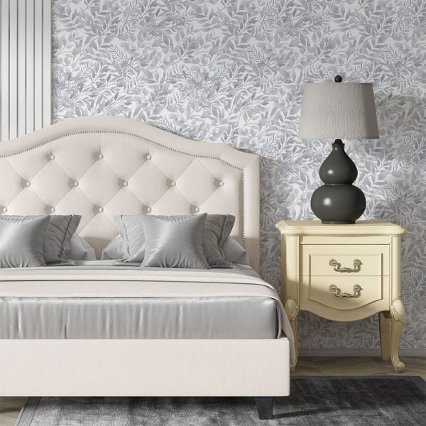 Gray watercolor leaf neutral wallpaper in an elegant bedroom