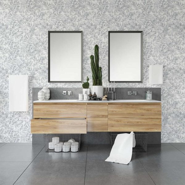 Gray watercolor leaf neutral wallpaper in a bathroom