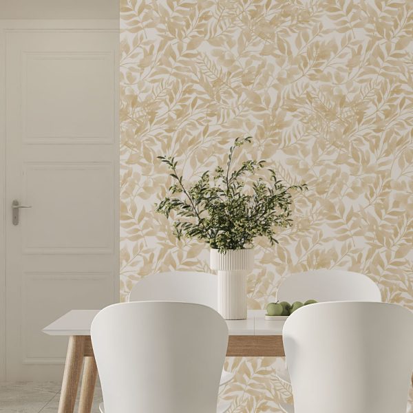Beige watercolor wallpaper for kitchen with peel and stick vinyl, polyester, traditional, and pre-pasted options.