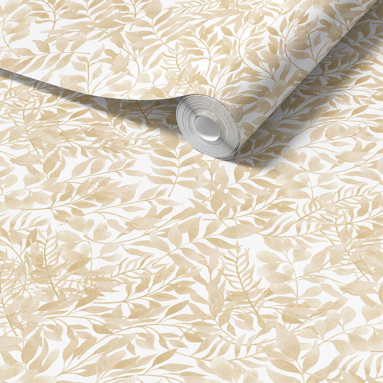 Close-up detail of neutral beige watercolor leaves wallpaper design, showcasing the intricate and delicate leaf patterns