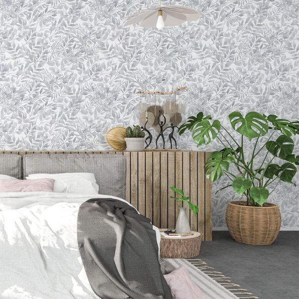 Grey watercolor leaf neutral wallpaper in a bedroom