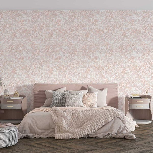 Elegant peach blush pink watercolor leaf peel and stick wallpaper in a serene bedroom
