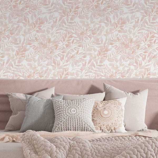 Elegant peach blush pink watercolor leaf peel and stick wallpaper in a serene bedroom