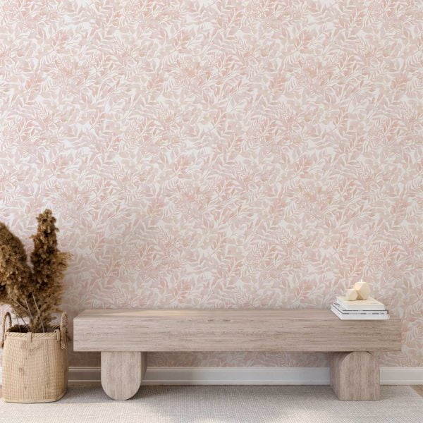 Elegant peach blush pink watercolor leaf peel and stick wallpaper in a serene hallway