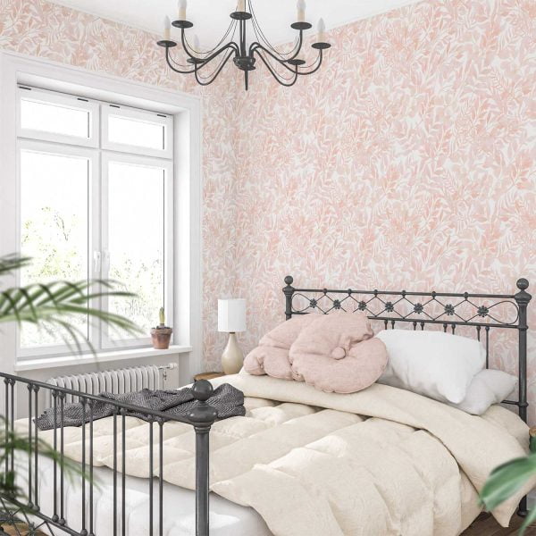 Elegant peach blush pink watercolor leaf peel and stick wallpaper in a serene bedroom