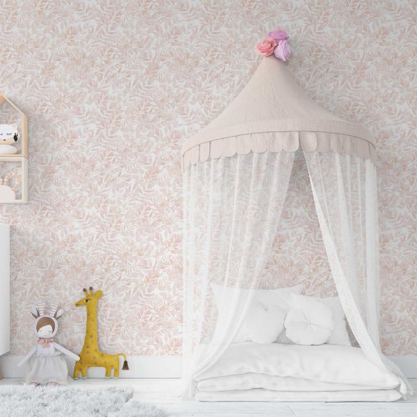 Peachy pink watercolor leaf neutral wallpaper in a baby nursery