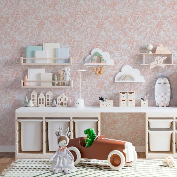 Elegant peach blush pink watercolor leaf peel and stick wallpaper in a serene kids playroom