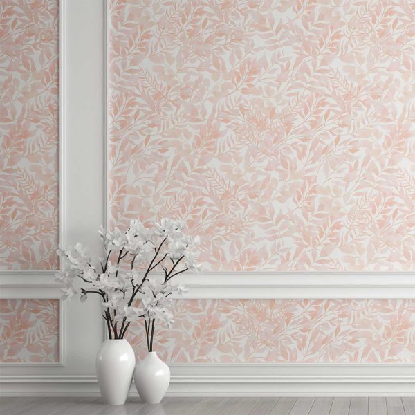 Elegant peach blush pink watercolor leaf peel and stick wallpaper in a serene bedroom