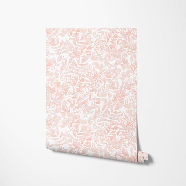 Close-up detail of soft peachy pink watercolor leaves wallpaper design, showcasing the intricate and delicate leaf patterns