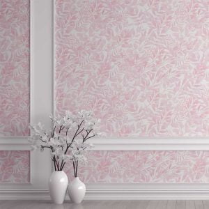 Soft pink watercolor leaves wallpaper in a hallway, creating a serene and elegant atmosphere