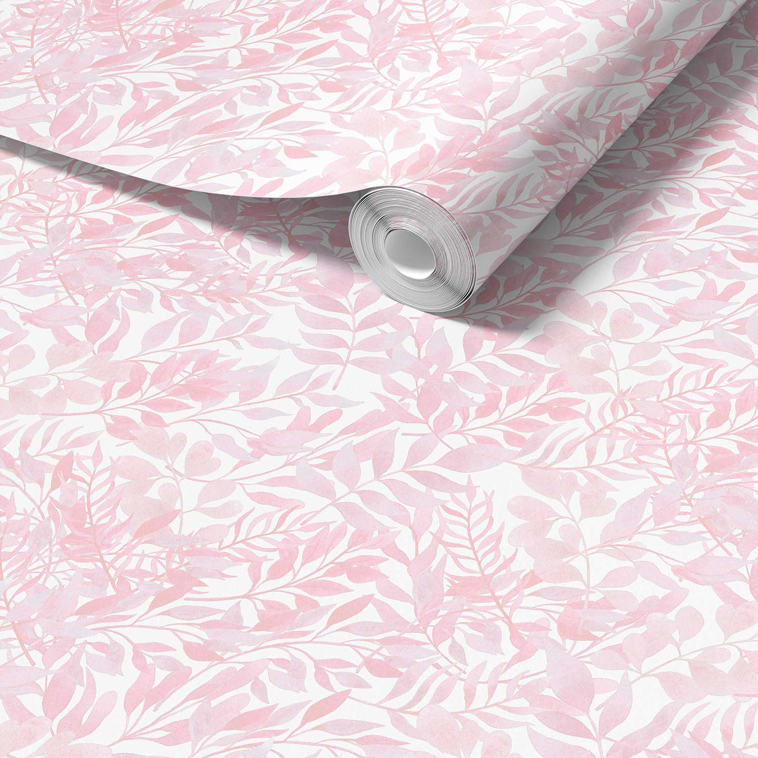 Close-up detail of soft pink watercolor leaves wallpaper design, showcasing the intricate and delicate leaf patterns