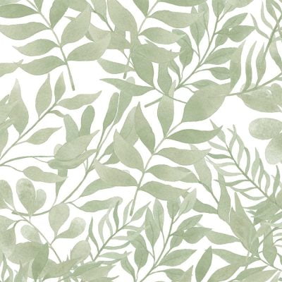 Close-up detail of soft sage green watercolor leaves wallpaper design, showcasing the intricate and delicate leaf patterns